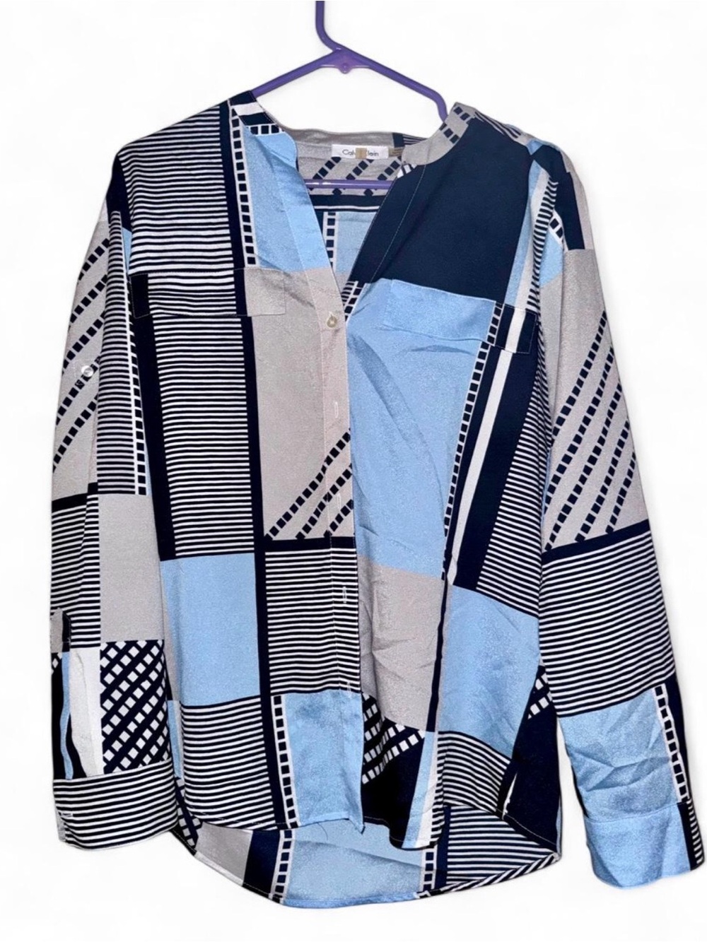 Calvin Klein Geometric Patchwork Long-Sleeve Shirt - Light Blue & Navy -